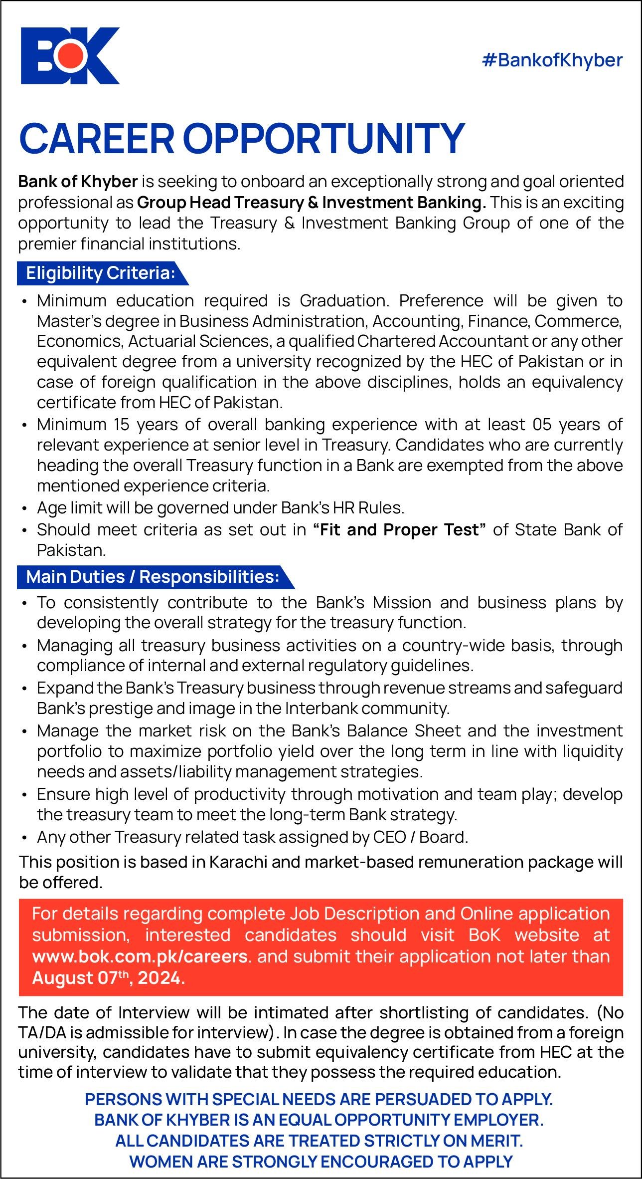 Bank Of Khyber BOK Khyber Pakhtunkhwa KPK jobs 2024 Jobs 2024 — original advertisement