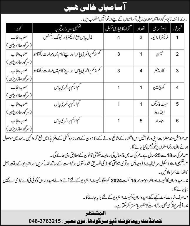 Remount Depot Sargodha Punjab Jobs 2024 – Pakistan Army Jobs 2024 — original advertisement
