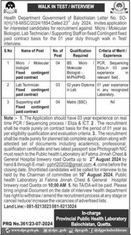 Interviews For Jobs At Health Department Balochistan – Health Department Balochsitan Jobs 2024 — original advertisement