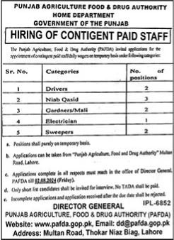 Punjab Agriculture Food And Drug Authority Jobs 2024 – Health Department Punjab Jobs 2024 — original advertisement