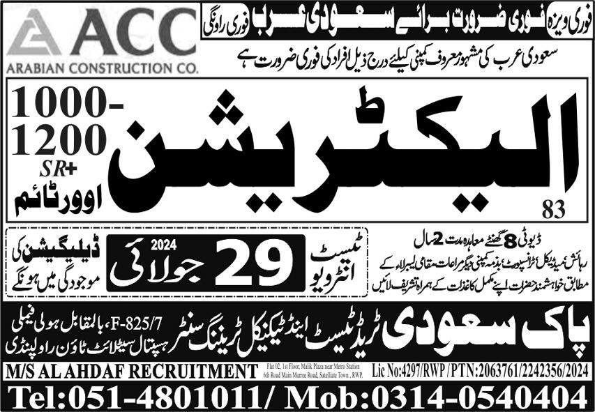 Electrician Jobs Career Opportunity In Saudi Arabia 2024 – Pak Saudi Trade Test & Technical Training Center Jobs 2024 — original advertisement