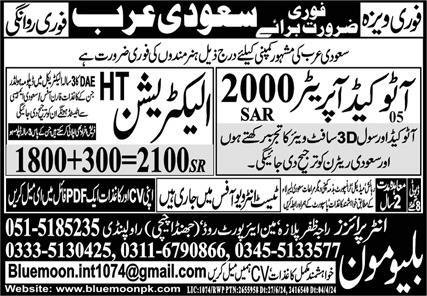 AutoCAD Operator & HT Electrician Jobs 2024 In Saudi Arabia – Blue Moon Enterprises Jobs 2024 — original advertisement