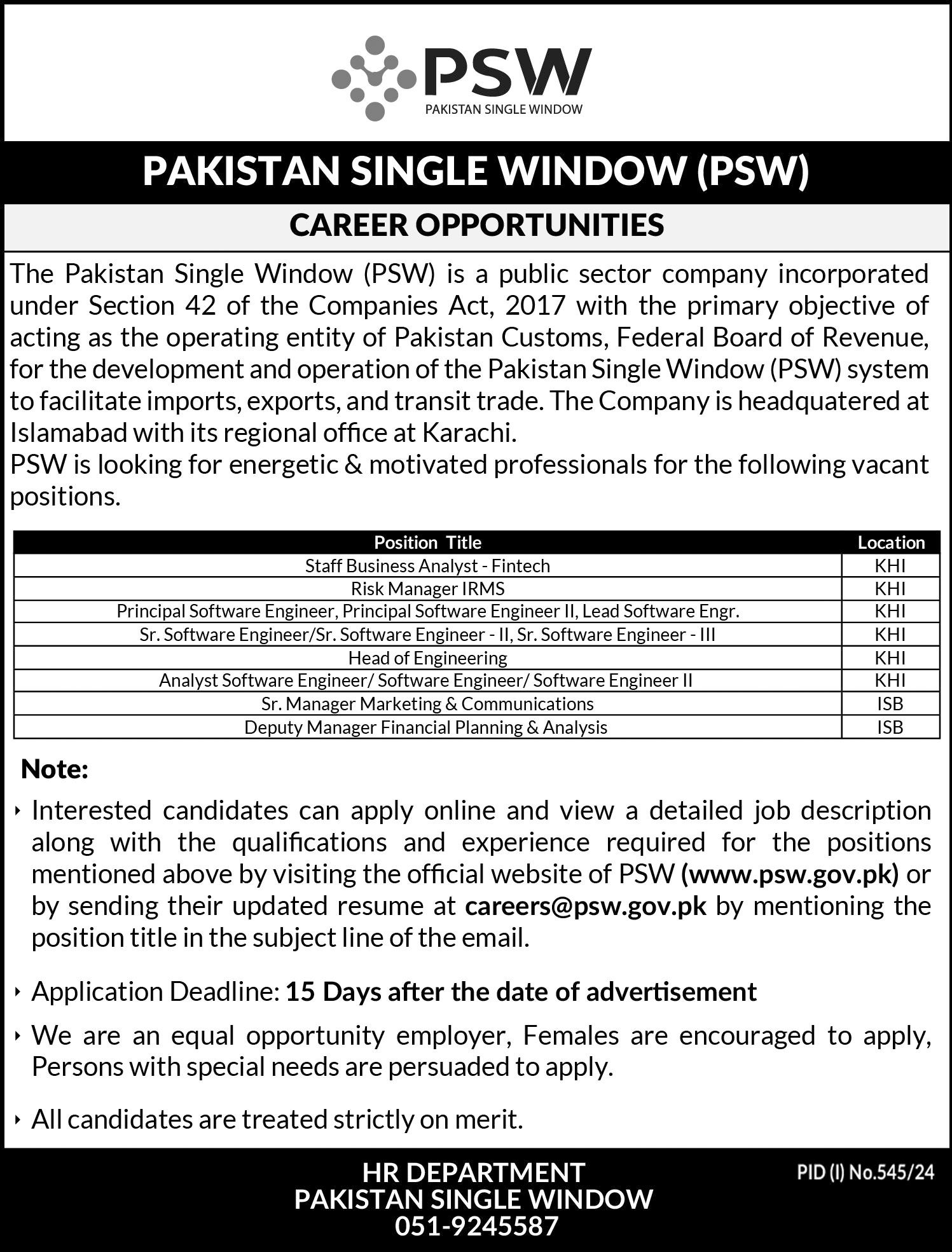 Pakistan Single Window PSW Jobs 2024 Jobs 2024 — original advertisement