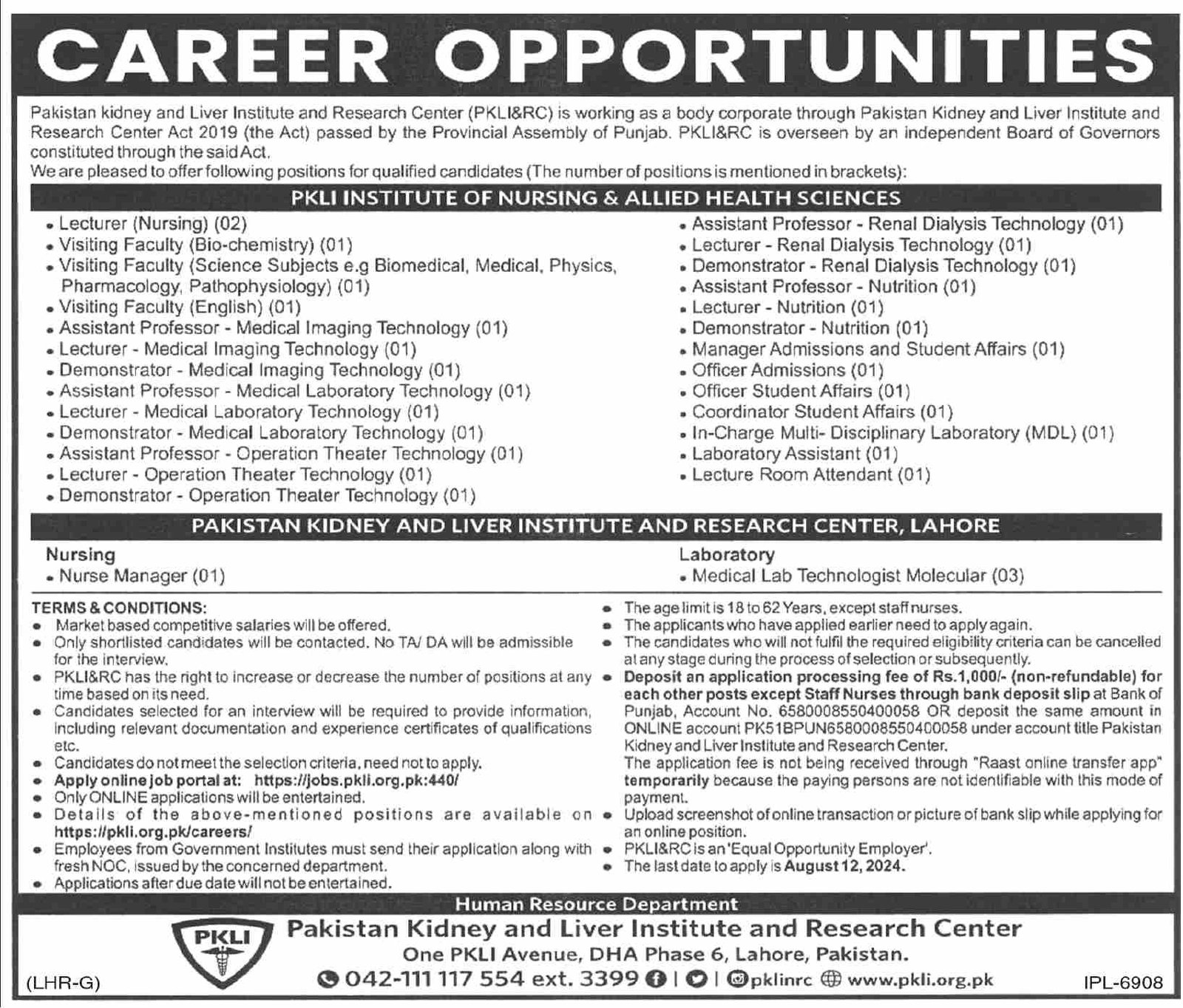 Pakistan Kidney & Liver Institute & Research Centre Jobs – Pakistan Kidney And Liver Institute (PKLI) And Research Centre Lahore Admissions 2024 — original advertisement