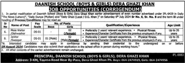 Daanish Schools Dera Ghazi Khan Punjab Jobs 2024 – Punjab Daanish School Jobs 2024 — original advertisement
