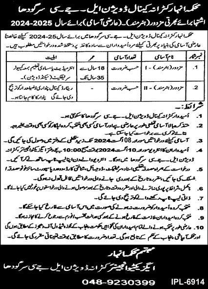 Anhar Department Sargodha Jobs 2024 – Irrigation Department Punjab Jobs 2024 — original advertisement