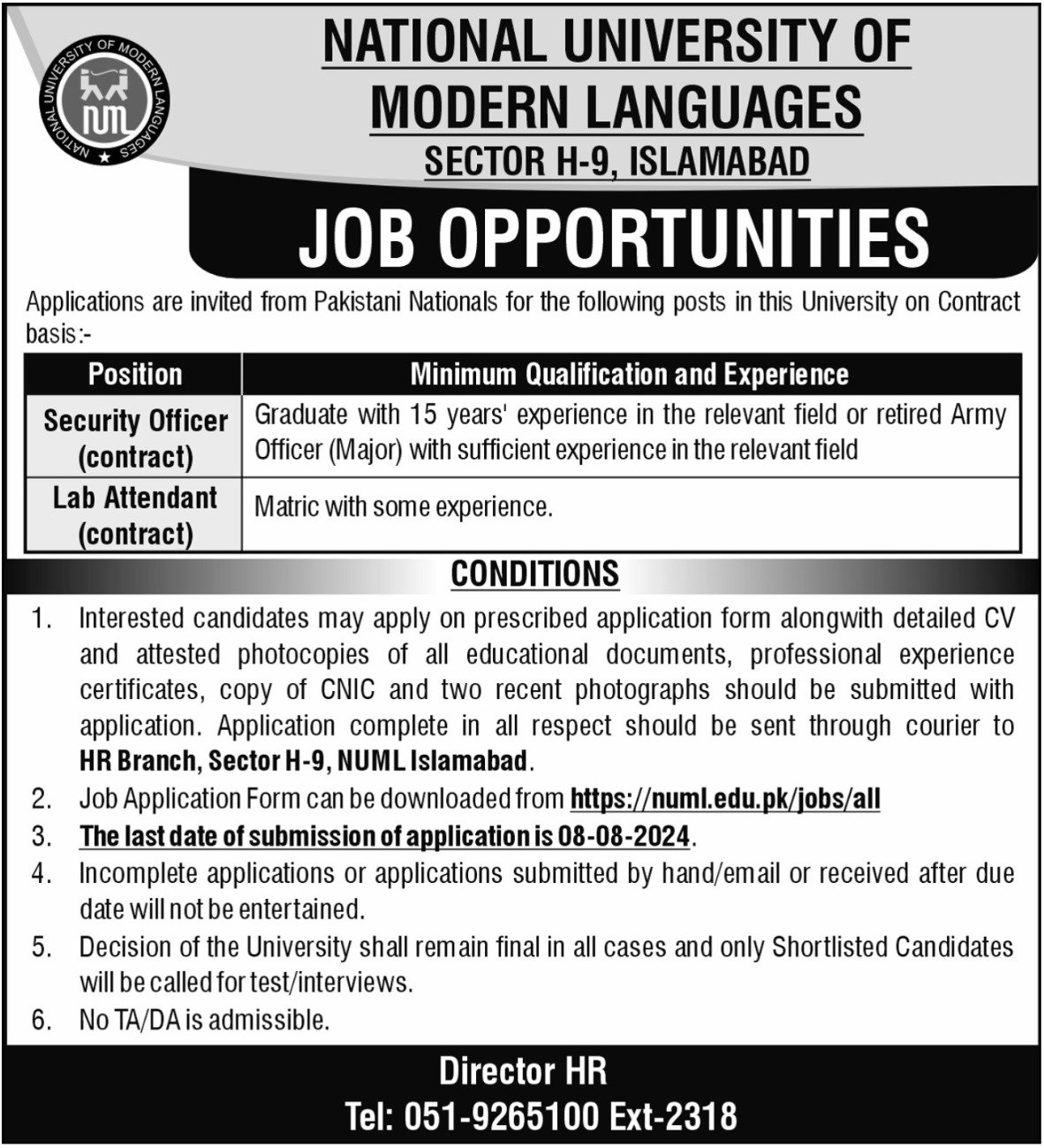 National University Of Modern Languages NUML Jobs 2024 – National University of Modern Languages Islamabad Jobs 2024 — original advertisement