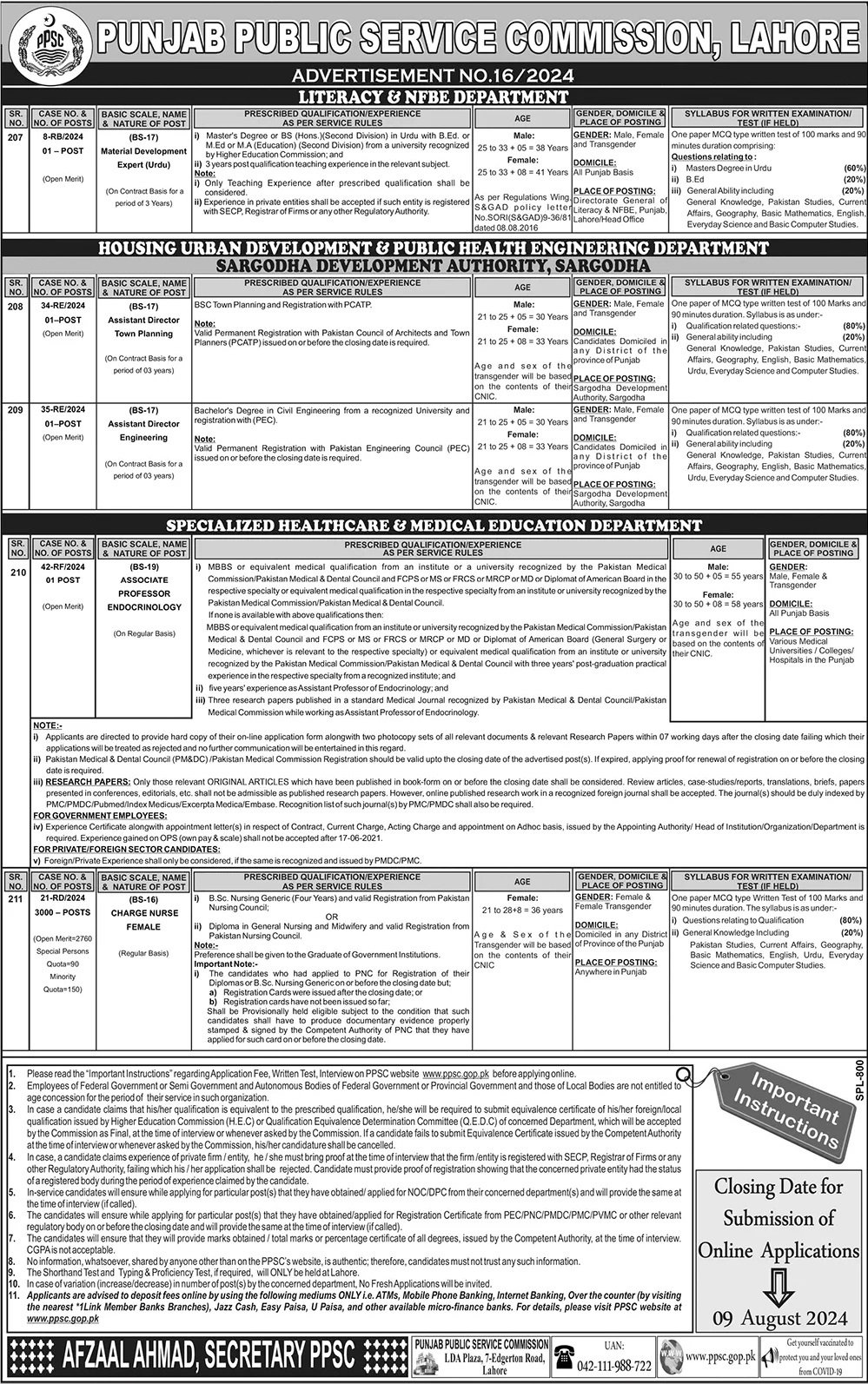 Punjab Public Service Commission PPSC Lahore Jobs 16/2024 – Punjab Public Service Commission Lahore Jobs 2024 — original advertisement