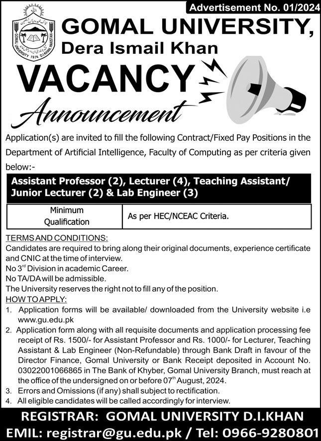 Gomal University Dera Ismail Khan Jobs 2024 Jobs 2024 — original advertisement