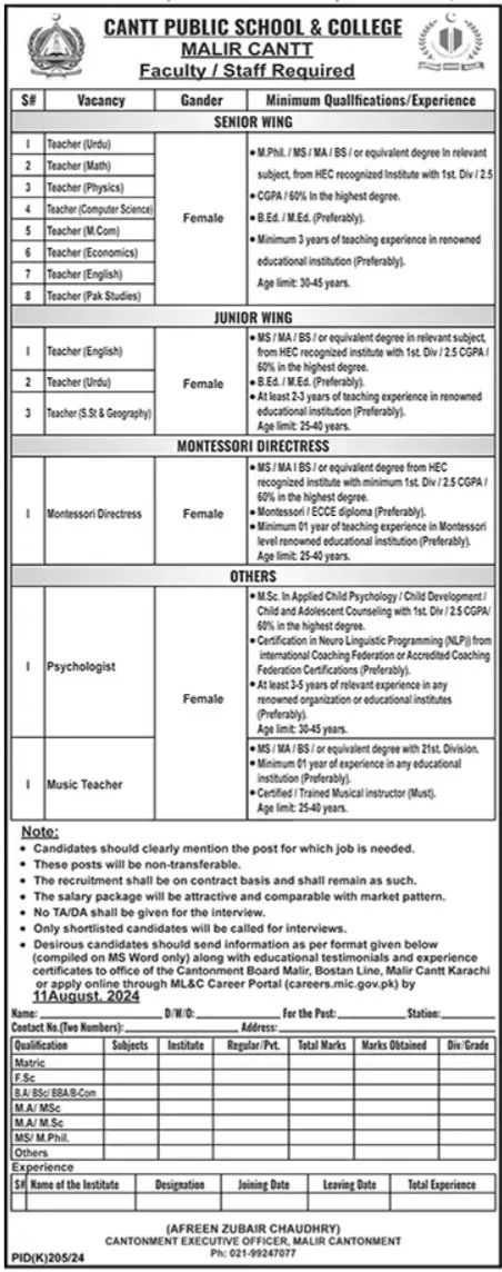 Cantt Public School & College Malir Cantt Jobs 2024 – Federal Govt Educational Institutes Cantts and Garrisons Jobs 2024 — original advertisement