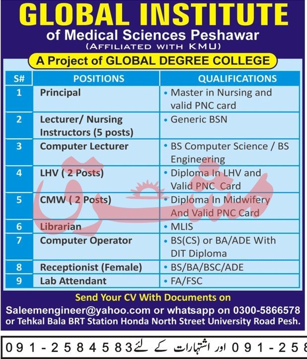 Global Institute Of Medical Sciences Peshawar Jobs 2024 – Global Degree College Peshawar Jobs 2024 — original advertisement