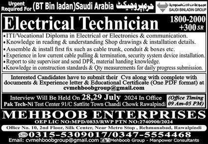 Electrical Technician Jobs Open In Saudi Arabia 2024 – Mehboob Enterprises Overseas Employment Promoters Jobs 2024 — original advertisement