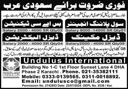 Bus AC Technician & Diesel Electrician Jobs 2024 – Undulus International Jobs 2024 — original advertisement