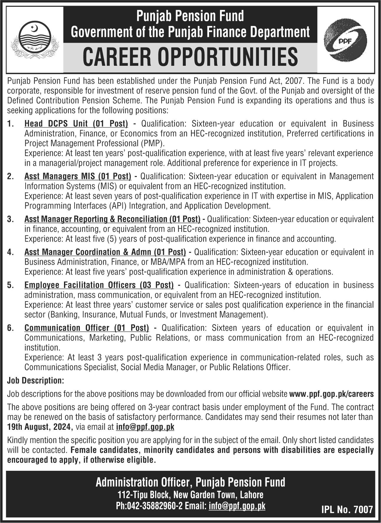 Punjab Pension Fund Lahore Punjab Jobs 2024 – Finance Department Punjab Jobs 2024 — original advertisement