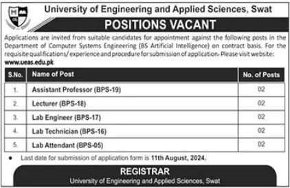 University Of Engineering & Applied Sciences Swat Jobs 2024 Jobs 2024 — original advertisement