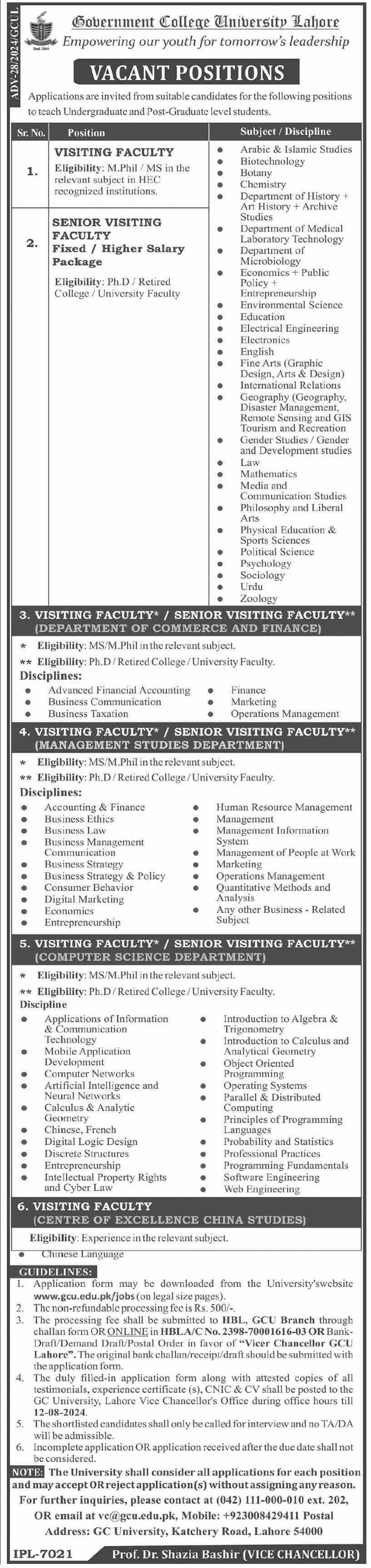 Government College University Lahore Jobs 2024 Jobs 2024 — original advertisement