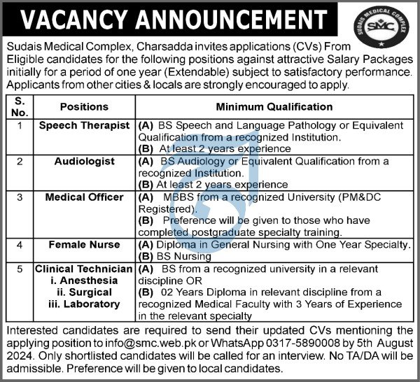 Sudais Medical Complex SMC Jobs 2024 – Health Department KPK Jobs 2024 — original advertisement