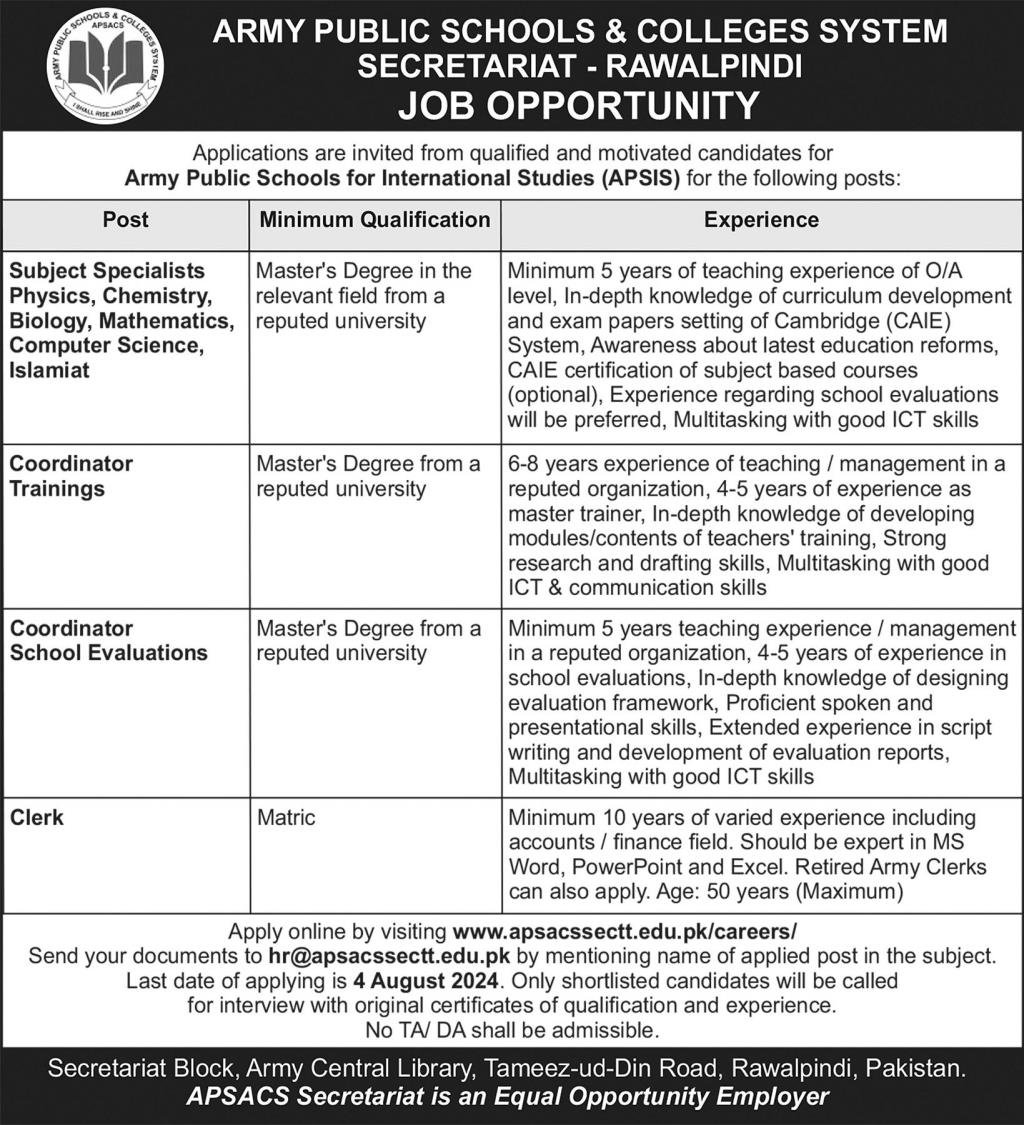 Army Public School And Colleges System Rawalpindi Jobs 2024 – Army Public School & College Paksitan Jobs 2024 — original advertisement