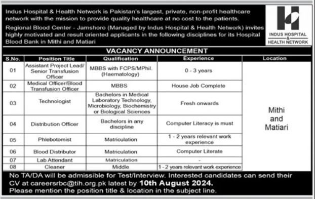 Indus Hospital And Health Network Karachi Jobs 2024 Jobs 2024 — original advertisement
