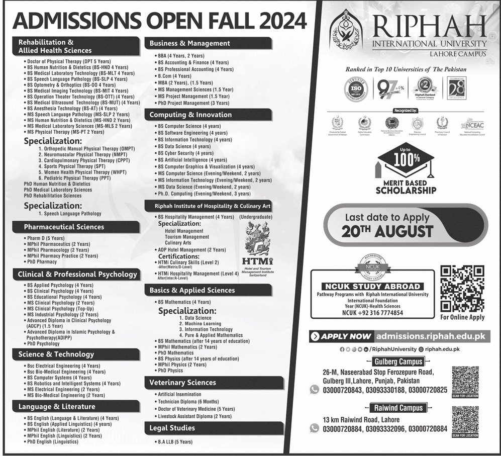 Admission Open in Riphah Internation University Lahore Camp – Riphah International University Admissions 2024 — original advertisement