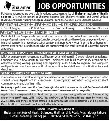 Shalamar Institute of Health Science Lahore Jobs 2024 – Shalamar institute of health sciences Jobs 2024 — original advertisement