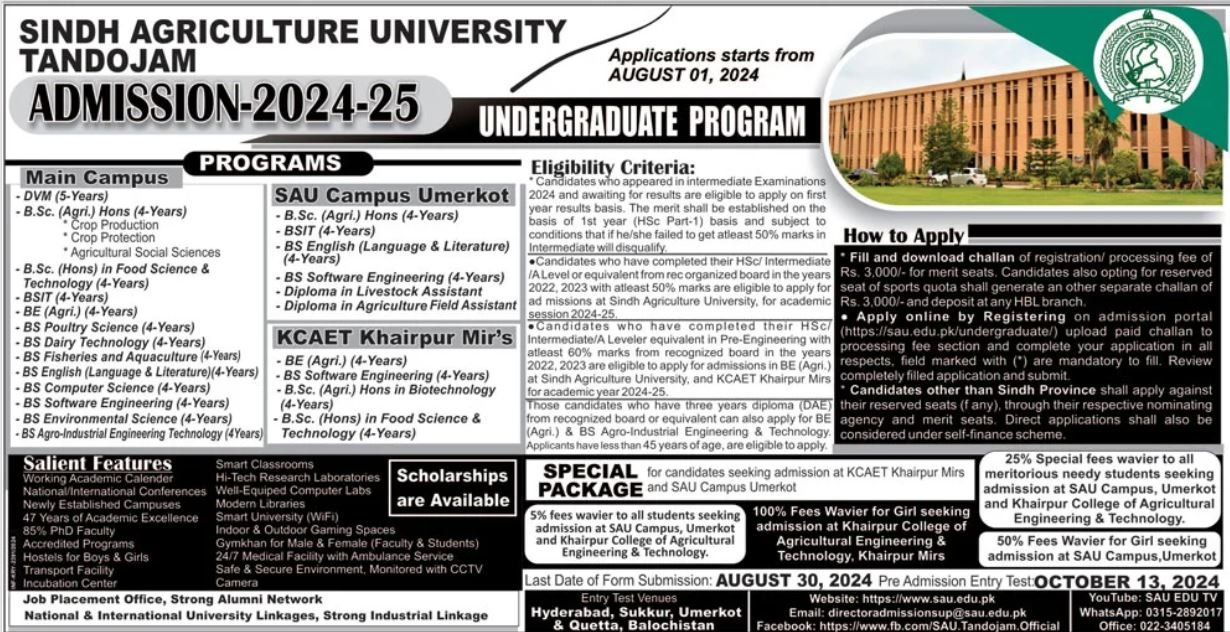 Admission Open in Sindh Agriculture Univeristy Tandojam 2024 – Sindh Agriculture University Tandojam Admissions 2024 — original advertisement