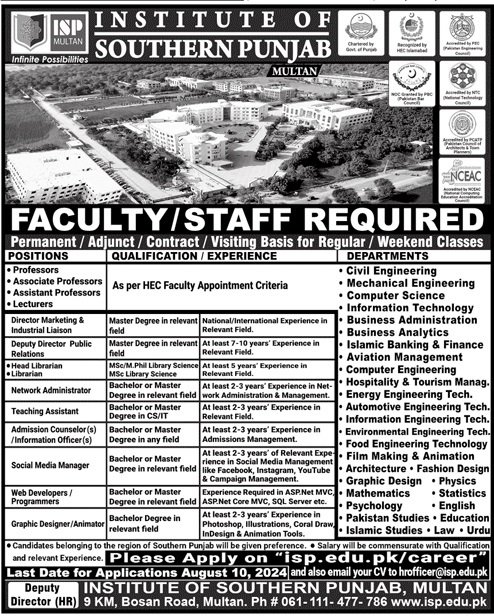 Institute Of Southern Punjab ISP Multan Jobs 2024 – Institute of Space Technology ITS Islamabad Admissions 2024 — original advertisement