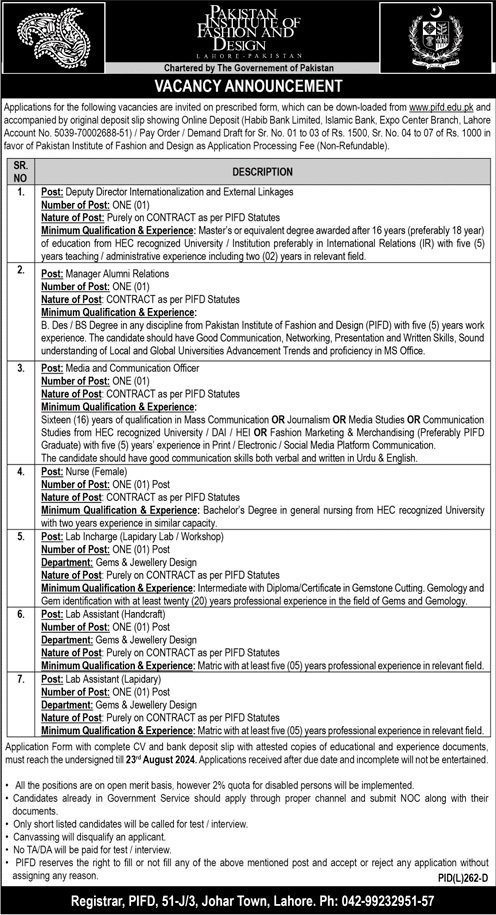Pakistan Institute Of Fashion And Design Jobs 2024 – Pakistan Institute of Fashion and Design PIFD Lahore Jobs 2024 — original advertisement