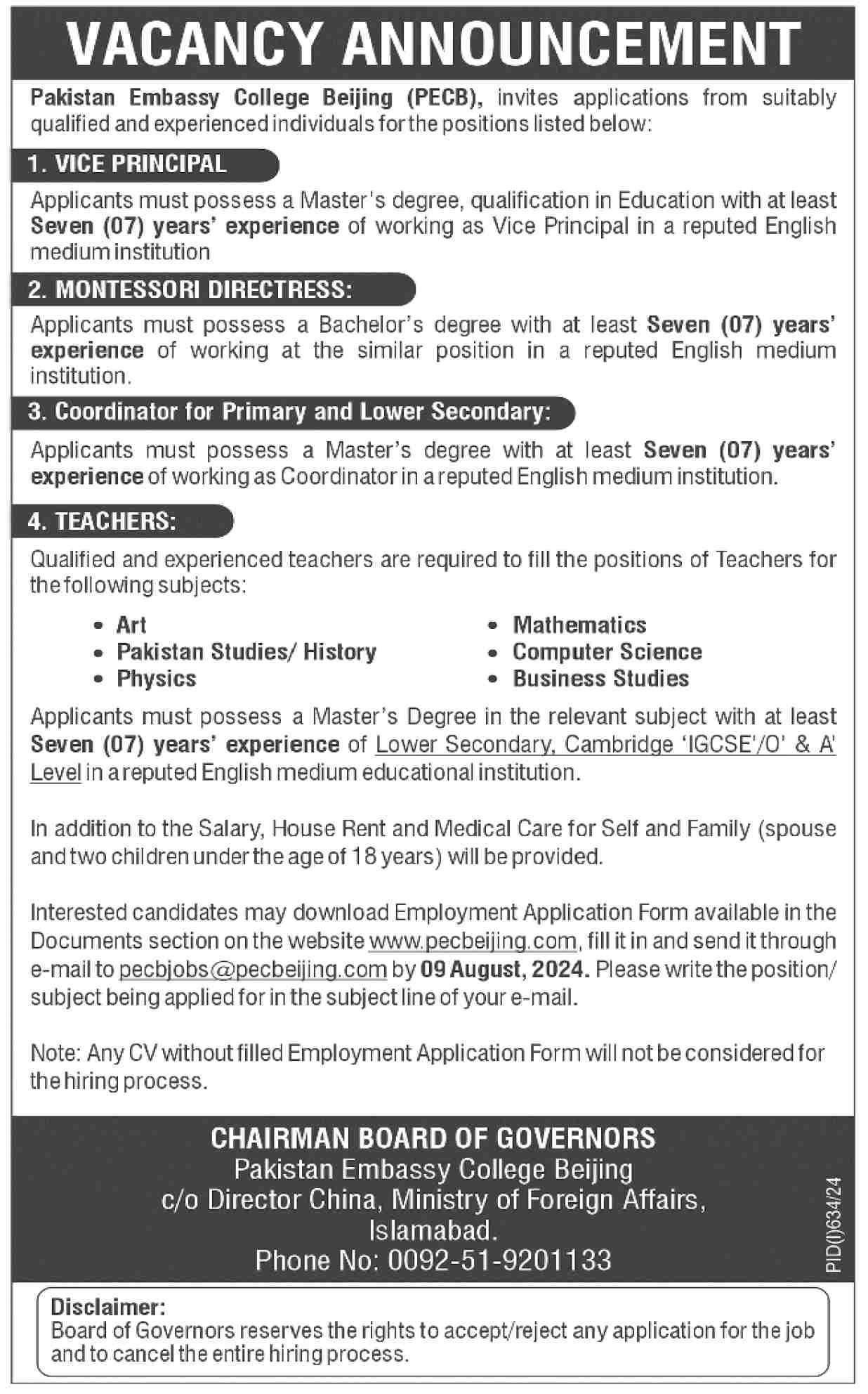 Pakistan Embassy College Beijing PECB Jobs 2024 Jobs 2024 — original advertisement