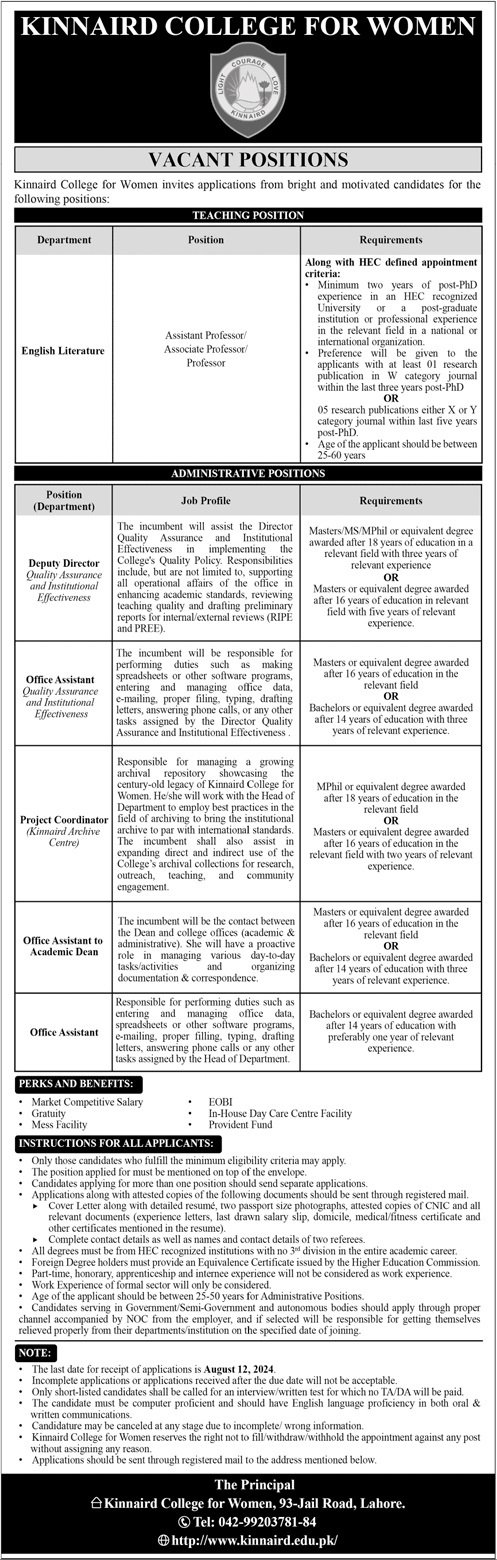 Kinnaird College For Women Jobs 2024 – Punjab Kinnaird College for Women Lahore Jobs 2024 — original advertisement
