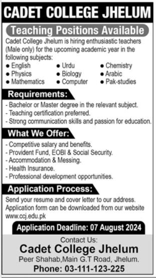 Cadet College Jhelum Jobs 2024 – Cadet College Jhelum Punjab Jobs 2024 — original advertisement