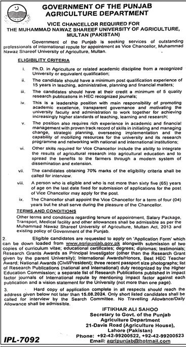 Agriculture Department Lahore Jobs 2024 – Agriculture Department Punjab Jobs 2024 — original advertisement