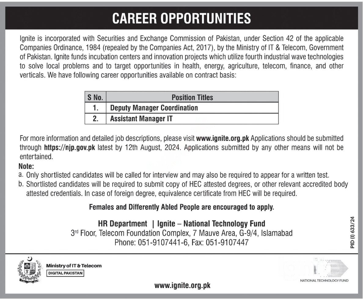 Ignite National Technology Fund Islamabad Jobs 2024 – Securities & Exchange Commission of Pakistan Jobs 2024 — original advertisement
