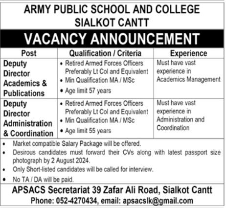 Army Public School& College Sialkot Jobs 2024 – Army Public School & College Paksitan Jobs 2024 — original advertisement