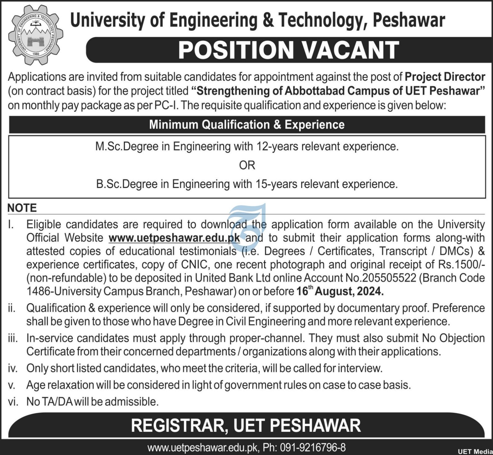 University Of Engineering & Technology UET Peshwar Jobs 2024 – University of Engineering and Technology Peshawar Jobs 2024 — original advertisement