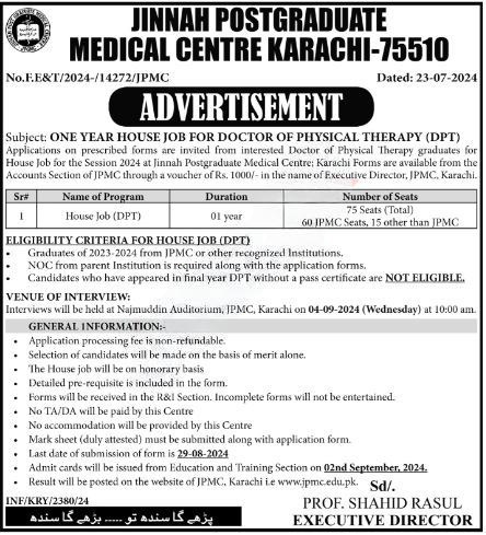 Jinnah Postgraduate Medical Center Karachi Jobs 2024 – Jinnah Postgruate Medical Centre Karachi Jobs 2024 — original advertisement