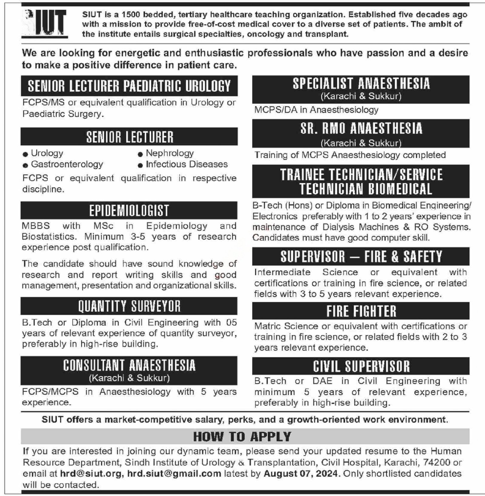 Sindh Institute Of Urology SIUT Jobs 2024 – Sindh Institute of Urology and Transplantation SIUT Karachi Jobs 2024 — original advertisement