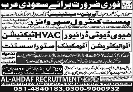 Heavy Duty Driver And Auto Machanic Jobs in Saudia Arabia – Al Ahdaf Recruitment Overseas Employment Jobs 2024 — original advertisement