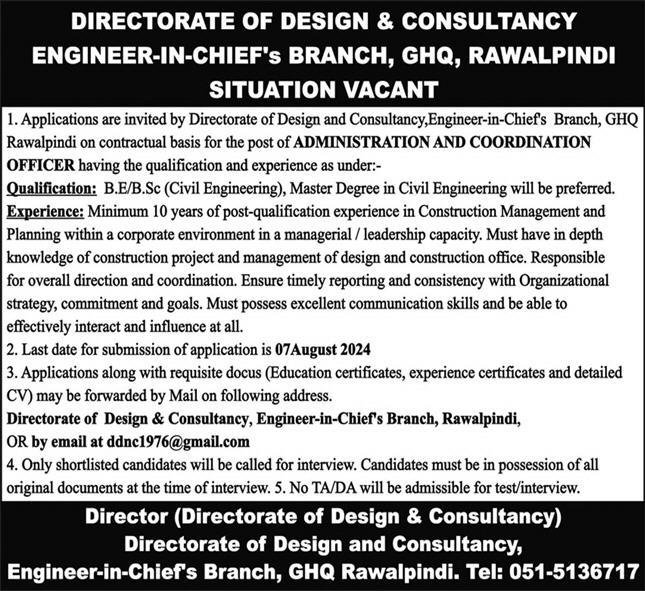 General Head Quarter GHQ Rawalpindi Jobs 2024 – Pakistan Army Jobs 2024 — original advertisement