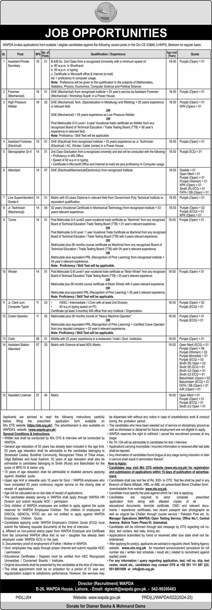 Water And Power Development Authority Lahore Jobs 2024 Jobs 2024 — original advertisement