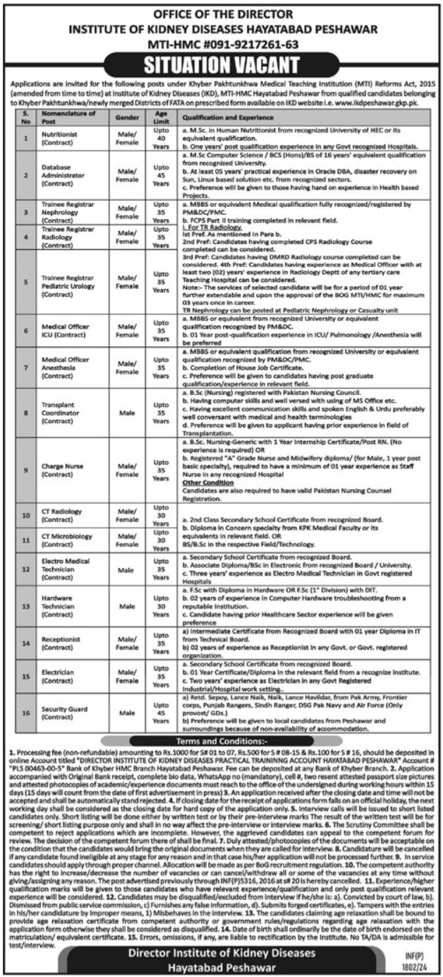 Institute Of Kidney Diseases Hayatabad Peshawar Jobs 2024 – Institute of Kidney Diseases Peshawar Jobs 2024 — original advertisement