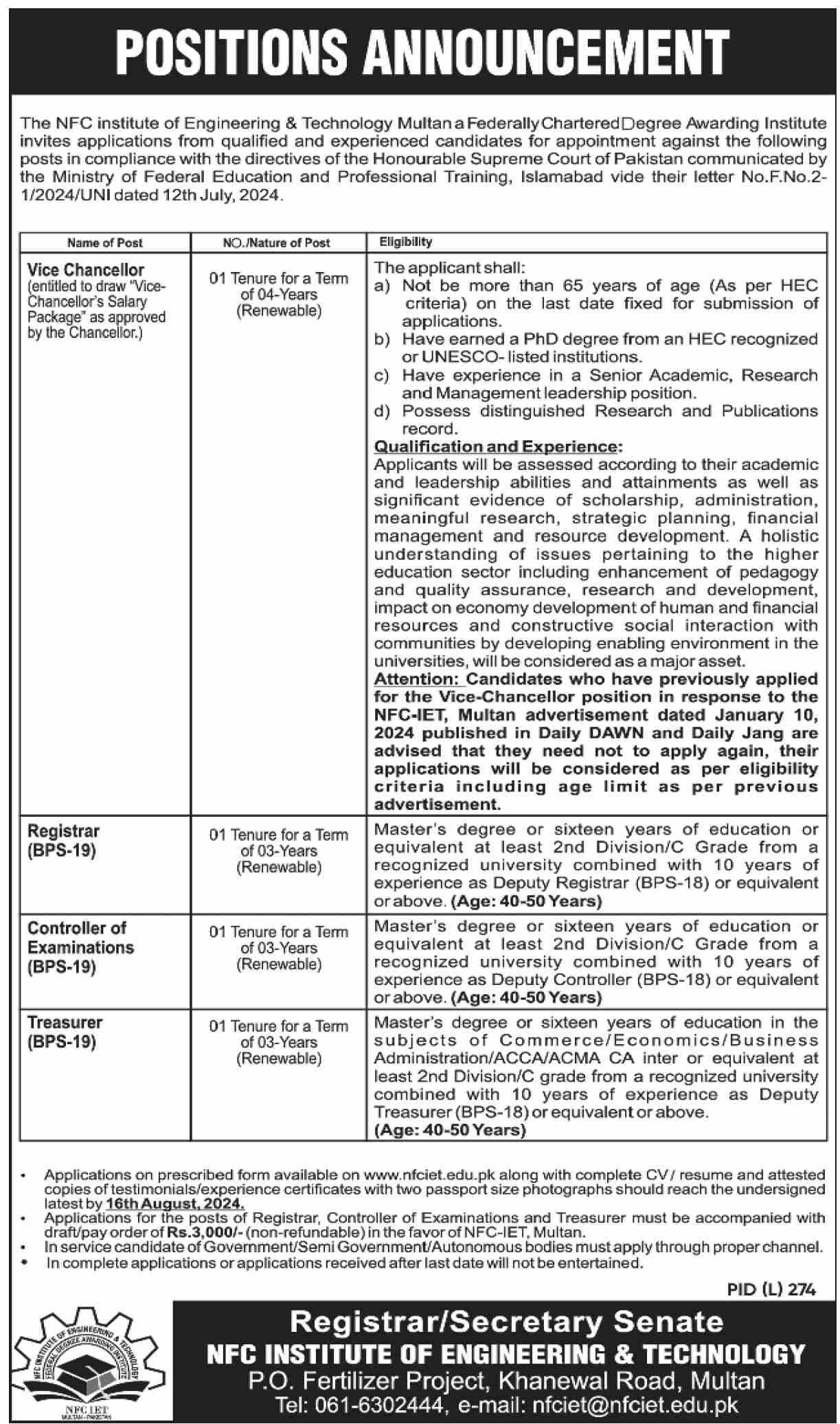 NFC Institute Of Engineering & Technology Jobs 2024 – NFC Institute of Engineering & Technology Multan Jobs 2024 — original advertisement
