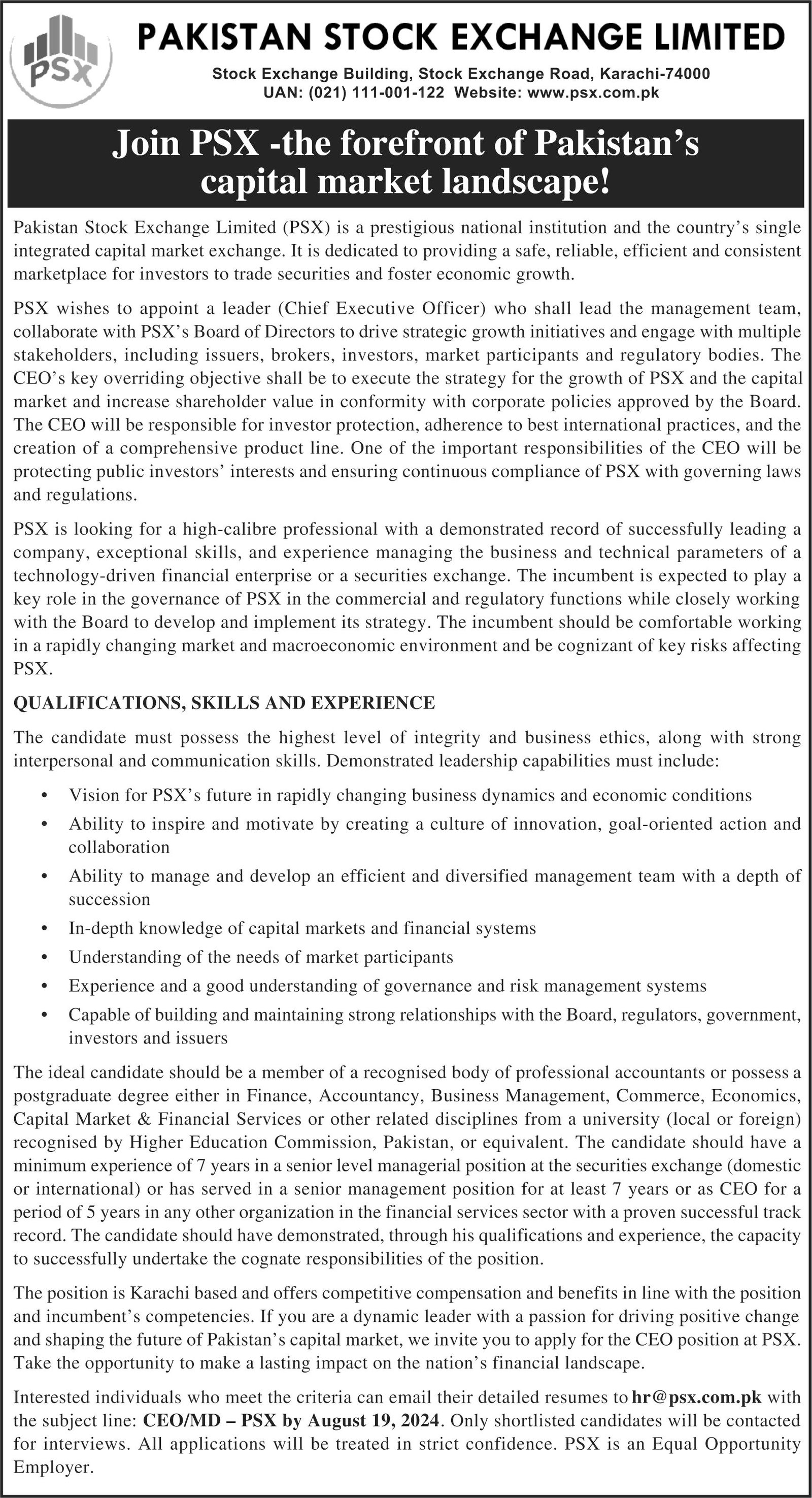 Pakistan Stock Exchange Limited Karachi Jobs 2024 Jobs 2024 — original advertisement