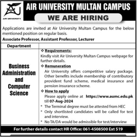Air University Multan Campus Jobs 2024 Jobs 2024 — original advertisement
