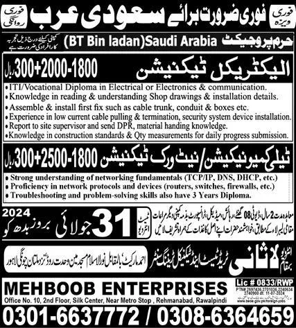 Electrical And Network Technician Jobs In Saudi Arabia – Lasani Trade Test & Technical Training Center Jobs 2024 — original advertisement