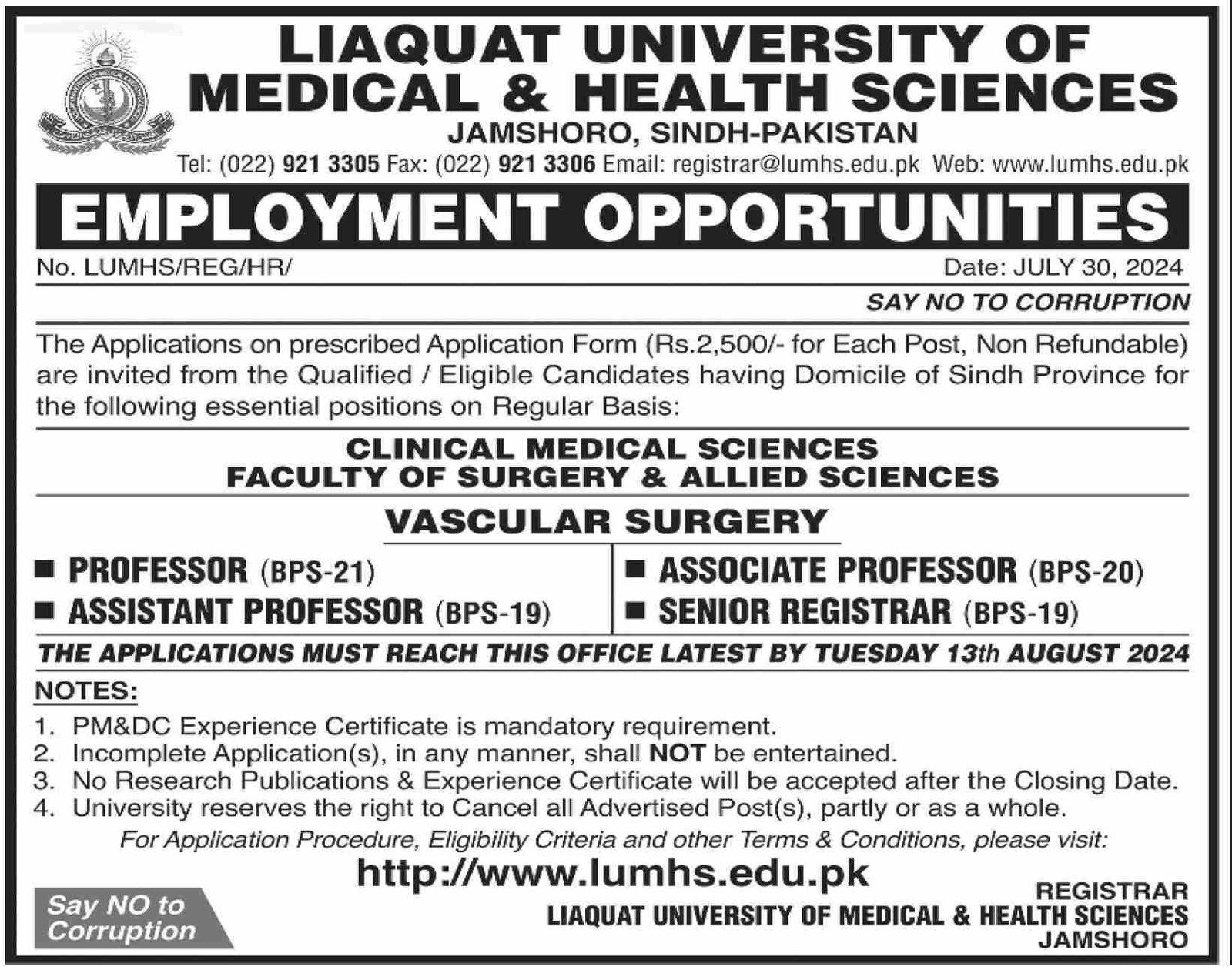 Liaquat University Of Medical & Health Sciences Karachi Jobs – Liaquat University of Medical & Health Sciences (LUMHS) Jamshoro Jobs 2024 — original advertisement