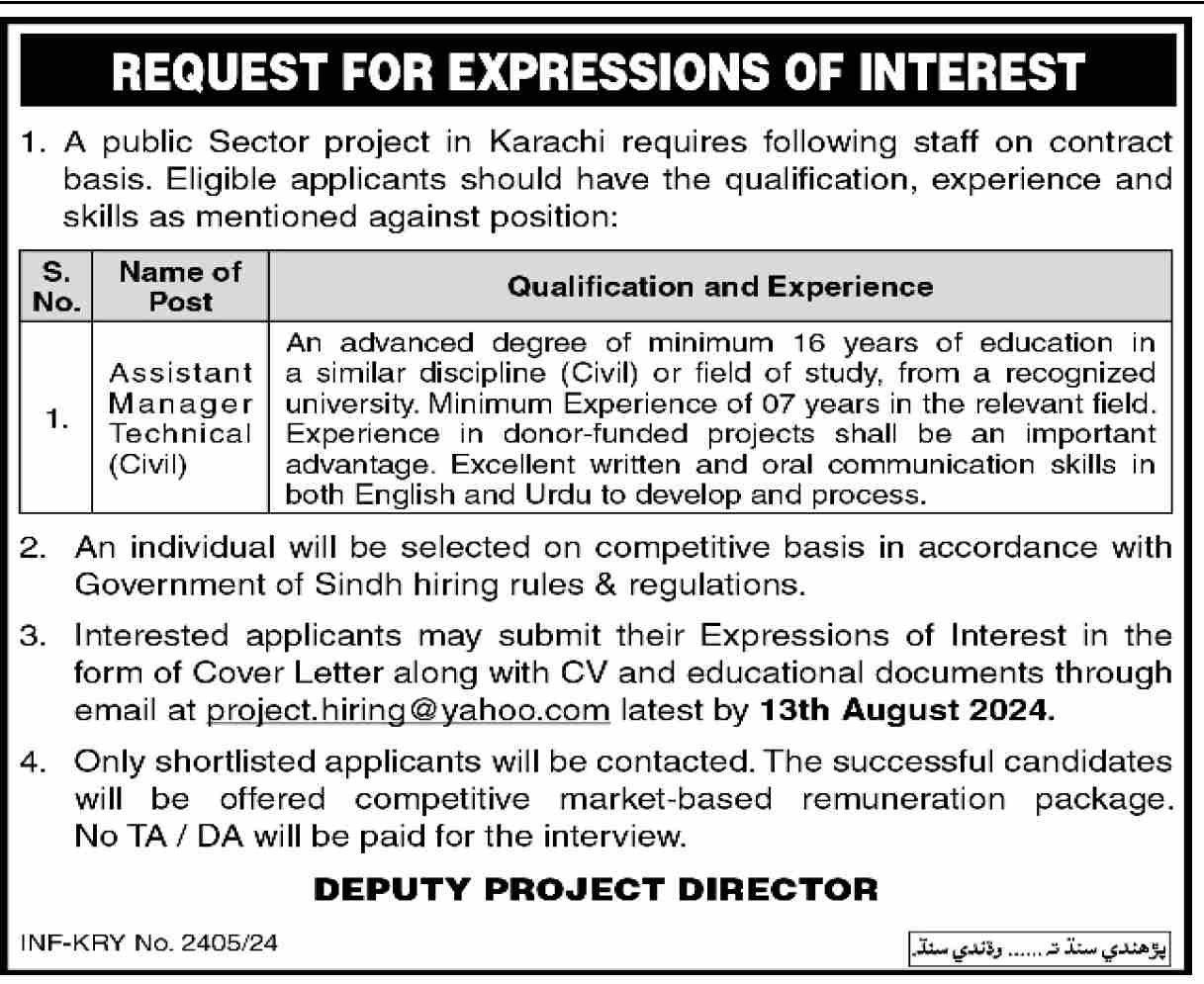 Public Sector Project in Karachi Jobs 2024 – Public Sector Organization Jobs 2024 — original advertisement