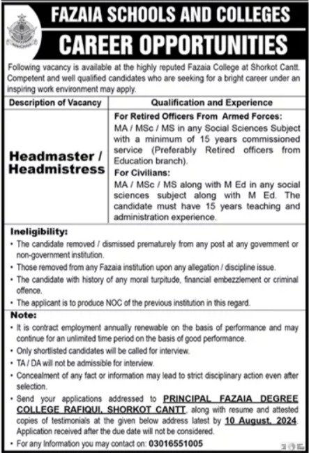 Fazaia College Shorkot Cantt Jobs 2024 – Fazaia Schools & Colleges Jobs 2024 — original advertisement