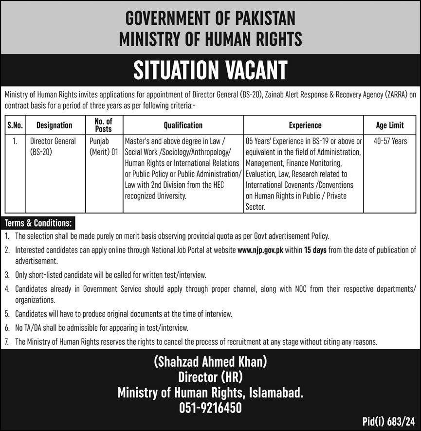 Ministry Of Human Rights Islamabad Jobs 2024 Jobs 2024 — original advertisement
