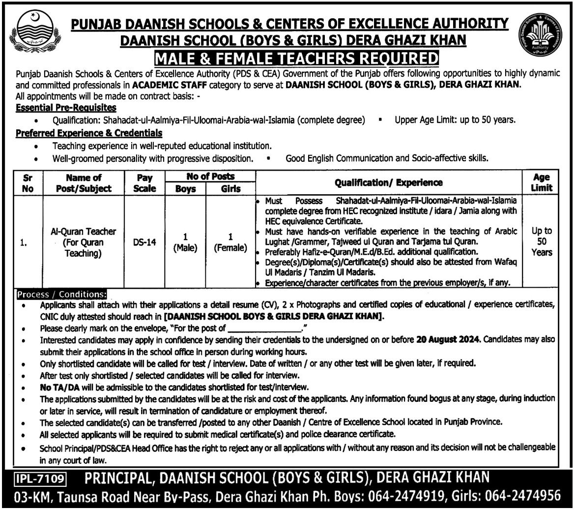 Daanish School Boys And Girls Dera Ghazi Khan Jobs 2024 – Punjab Daanish School Jobs 2024 — original advertisement